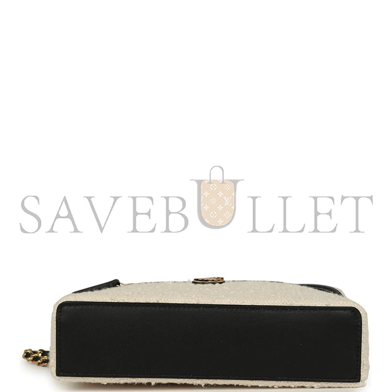 CHANEL COCO BEACH TOP HANDLE LONG VANITY CASE WITH CHAIN ECRU TWEED AND BLACK CALFSKIN GOLD HARDWARE (19*13*5cm) 